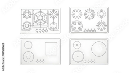 Kitchen Stove Tops Collection – Gas and Induction Hob Burner Outline Plan View Vector Set for Interior Floor Plans
