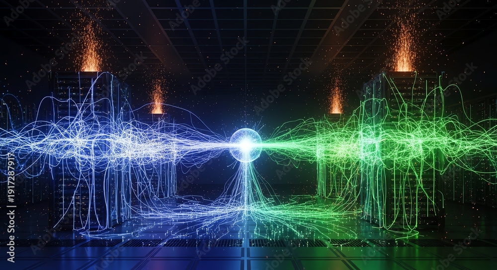 Obraz premium Vibrant Light Waves and Electric Sparks in Dynamic Digital Art Scene.
