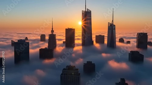 city skyline at sunrise with fog