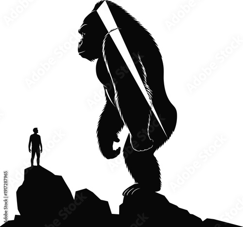 Large black gorilla standing on rocks with a small human figure nearby in a silhouette white