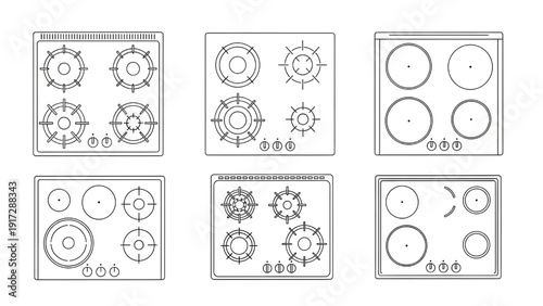Modern Kitchen Hob and Stove Top Burner Outline Vector Bundle for Plan View Interior Floor Design