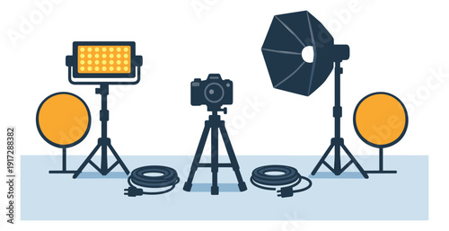 Flat design photography studio equipment set featuring an led panel, softbox, camera, and reflectors for professional photo and video shoots