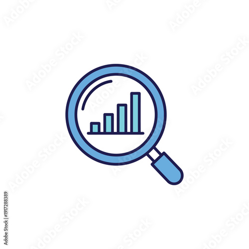 A magnifying glass examining a bar chart representing data analysis.