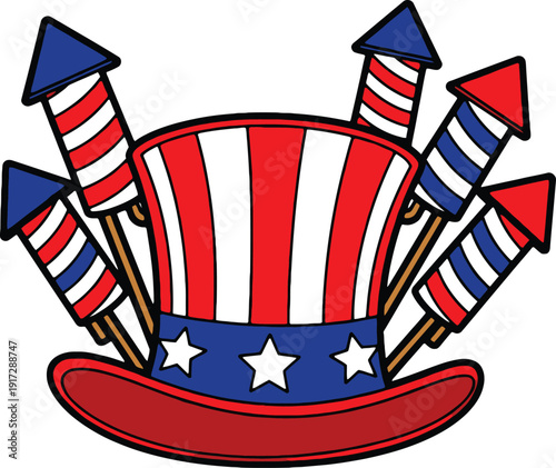 Patriotic Uncle Sam Hat and Fireworks Illustration for Fourth of July Celebration Vector Graphic Design Element
