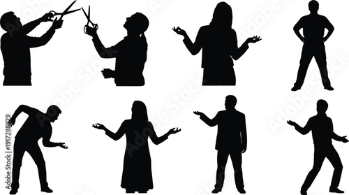 Black silhouette vector set of people in various poses including men with large scissors, presenters, standing figures, and expressive characters,