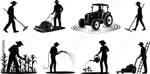 Agriculture and gardening work silhouettes vector illustration, farmers using tools, tractor mowing grass, watering plants, rural outdoor farming activities isolated on white