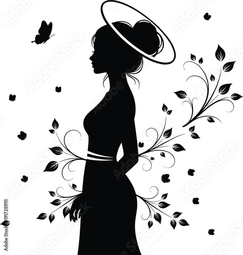 Elegant woman silhouette with hair bun and halo hat, floral vine ornaments with leaves, butterflies flying around feminine beauty vector,