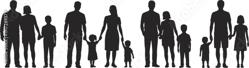 Silhouettes of diverse families holding hands in a row on a white background