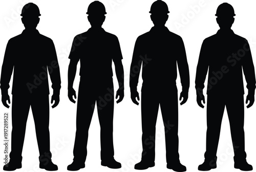 Construction worker silhouettes vector illustration, group of standing laborers wearing safety helmets, isolated black figures on white background for industry design