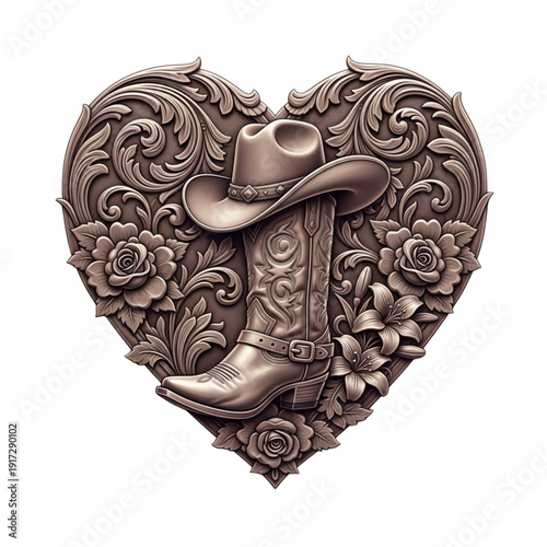Decorative Heart Illustration with Cowboy Boots and Hat (Engraving Style)