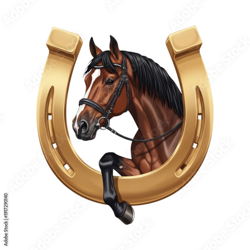 Horse Head Inside Golden Horseshoe Illustration
