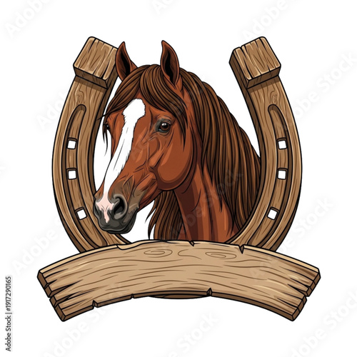 Chestnut Horse Portrait in Wooden Horseshoe Frame
