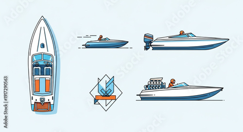Collection of Speedboats and Yacht Illustration.