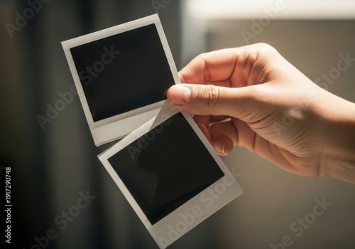 A hand holding two blank polaroid photos in a dark room