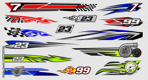 Collection of racing car decals and stickers with numbers.