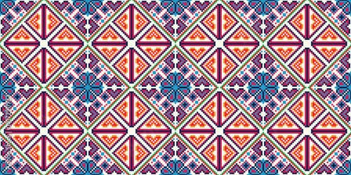 Colorful ethnic geometric pattern inspired by traditional Hmong textile design. Seamless tribal background with diamond shapes, heart motifs, and pixel embroidery style. Vibrant ornamental fabric text