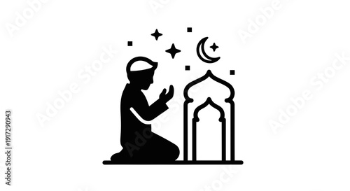 A person praying next to a mosque on a night with stars and a crescent moon