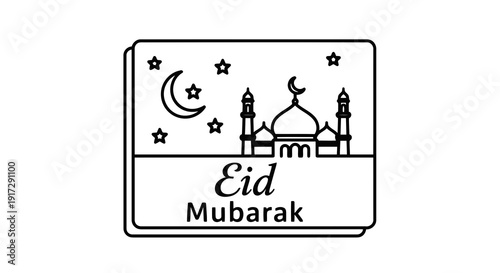 Eid mubarak greeting card with mosque and crescent moon