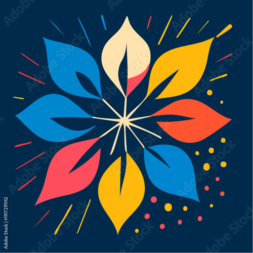 radiant, symmetrical, and wonderfully ornamental — a burst of multicolored teardrop shapes arranged in a perfect radial bloom against deep blue