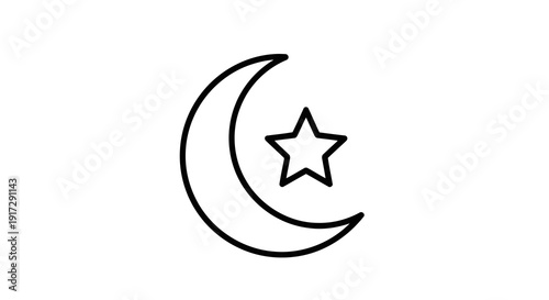 A black and white image of a crescent moon and star