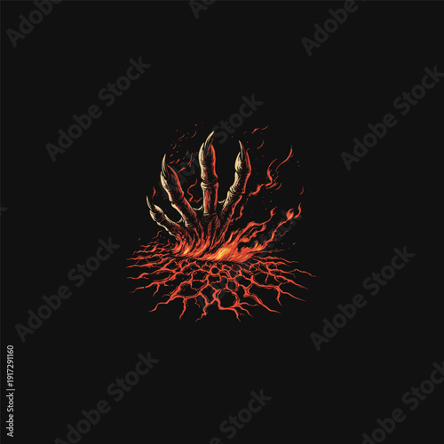 Vintage illustration of a creepy skeletal monster hand rising from the ground with twisted roots and flickering flames on a black background.