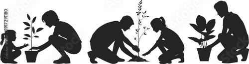 Silhouettes of people planting and caring for plants in a garden setting gardening