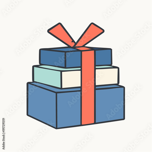 symbolic‑occasion; clean, celebratory, and wonderfully iconic — a tidy stack of three gift boxes in layered blues, all cinched together with a single vertical red ribbon and bow