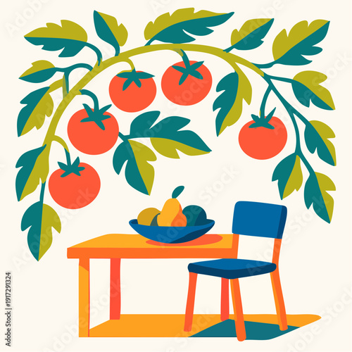 tomato plant arching protectively over a little table and chair, a bowl of fruit waiting underneath. It feels like a cozy kitchen vignette crossed with a garden dreamscape