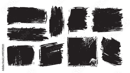 Black grunge stencil block set. Distressed rough texture banners and industrial square backgrounds. Vector paint elements.

