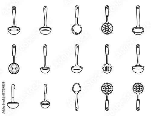 Hand drawn line art kitchen utensils set featuring various ladles, skimmers, and cooking spoons for cooking and serving food