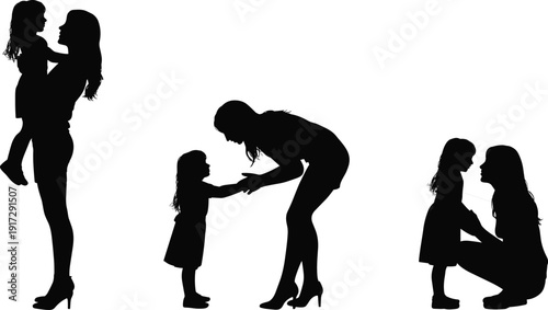 Silhouettes of women and children in affectionate poses against a white background hugging
