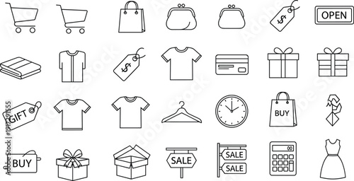 Comprehensive E-Commerce and Retail Shopping Icon Set Featuring Clothing Apparel Sale Tags Gift Boxes Shopping Carts and Fashion Accessories