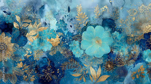 Luxury Blue Floral Illustration Background Wallpaper


