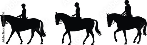 Three Silhouettes of Riders on Horses in Motion Against a White Background equestrian