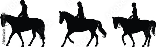 Three Silhouettes of People Riding Horses in Different Postures on a White Background equestrian