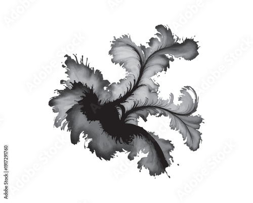 Abstract ornamental flourish silhouette. Intricate feathery plumes and organic ink frost pattern. Decorative botanical vector element isolated on transparent background.