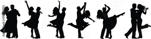 Romantic dancing couples silhouette set, ballroom dance partners, salsa and tango performers, wedding dance celebration icons, social party event vector.