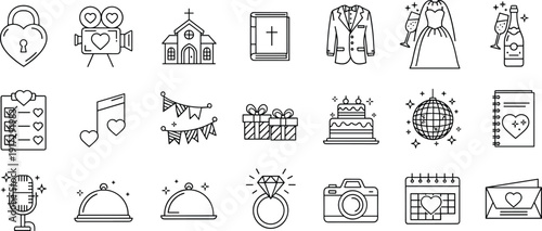 Wedding Celebration Icon Collection Featuring Bridal Dress Groom Suit Diamond Ring Church Cake Champagne and Romantic Event Symbols in Silhouette