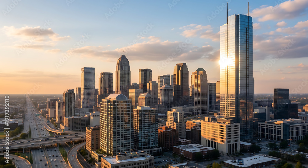 Fototapeta premium Cityscape with modern skyscrapers and busy roads during sunrise from an aerial viewpoint