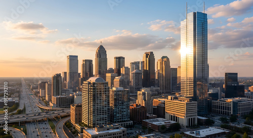 Wallpaper Mural Cityscape with modern skyscrapers and busy roads during sunrise from an aerial viewpoint Torontodigital.ca