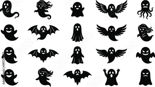 Halloween Ghost Silhouette Set, Spooky Cartoon Spirits and Bats Collection, Black Vector Icons Isolated on Light Background for Design