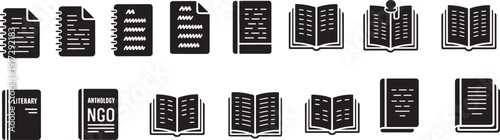 Set of icons depicting different types of books and documents for education and literature