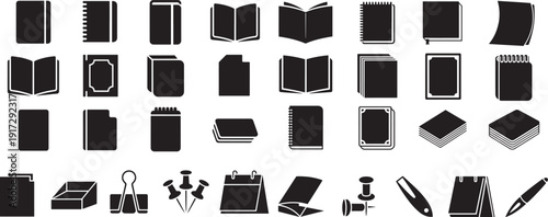 Stationery and office supply icons including notebooks binders paper clips and desk accessories