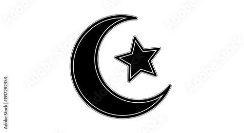 A black and white image of a crescent moon and star