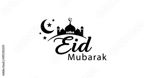 Eid mubarak greeting card with mosque and crescent moon