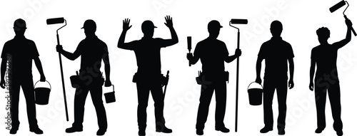 Painter worker silhouettes vector illustration, professional house painting team holding rollers and buckets, isolated black figures on white background for renovation industry design