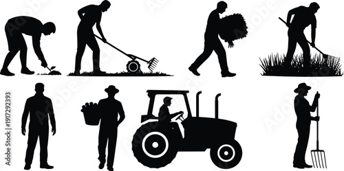 Farmers agricultural work silhouettes vector illustration, people using hand tools, carrying harvest, operating tractor, rural farming activities isolated on white background