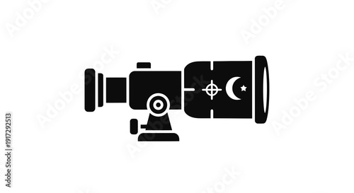 A black and white icon of a telescope with a moon and star on it