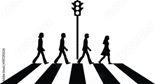 Pedestrian crossing silhouette with people walking on zebra crosswalk under traffic light isolated on white background illustration