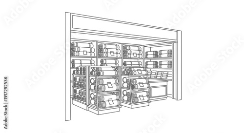 A detailed drawing of a shelving unit with storage bins